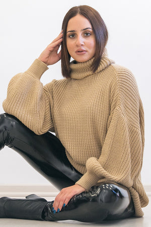 NA-KD - Oversized High Neck Long Knitted Sweater Beige