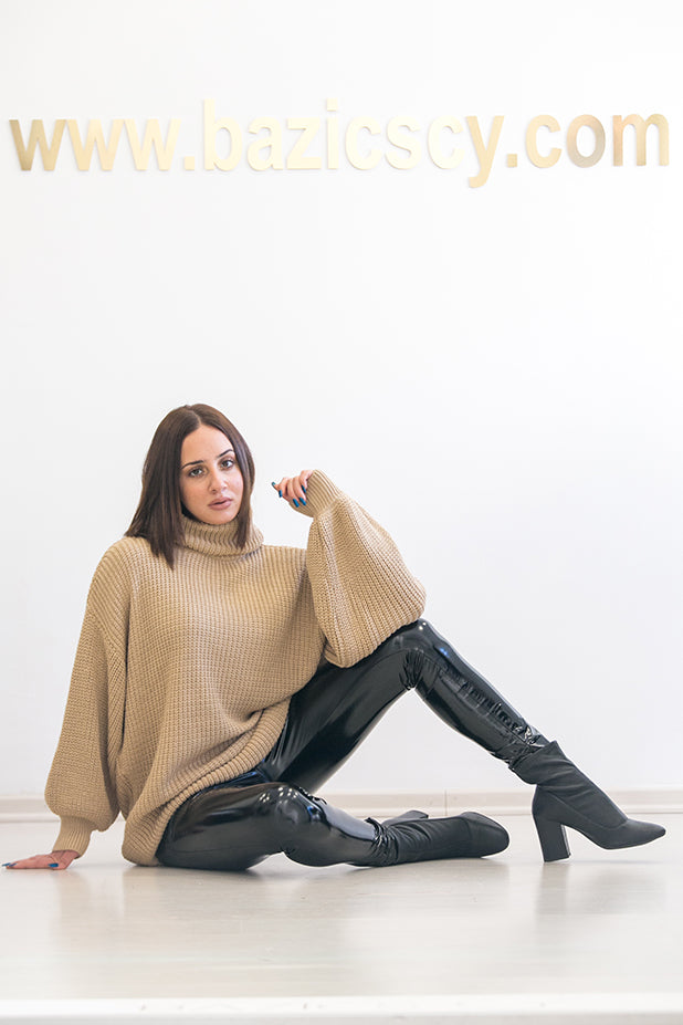 NA-KD - Oversized High Neck Long Knitted Sweater Beige