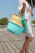 Queencii - Mia Pom Pom Beach Straw Tote Bag Beige Turquoise