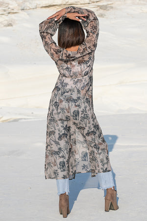 NA-KD – Safari Printed Smocked Sleeve Caftan Beige