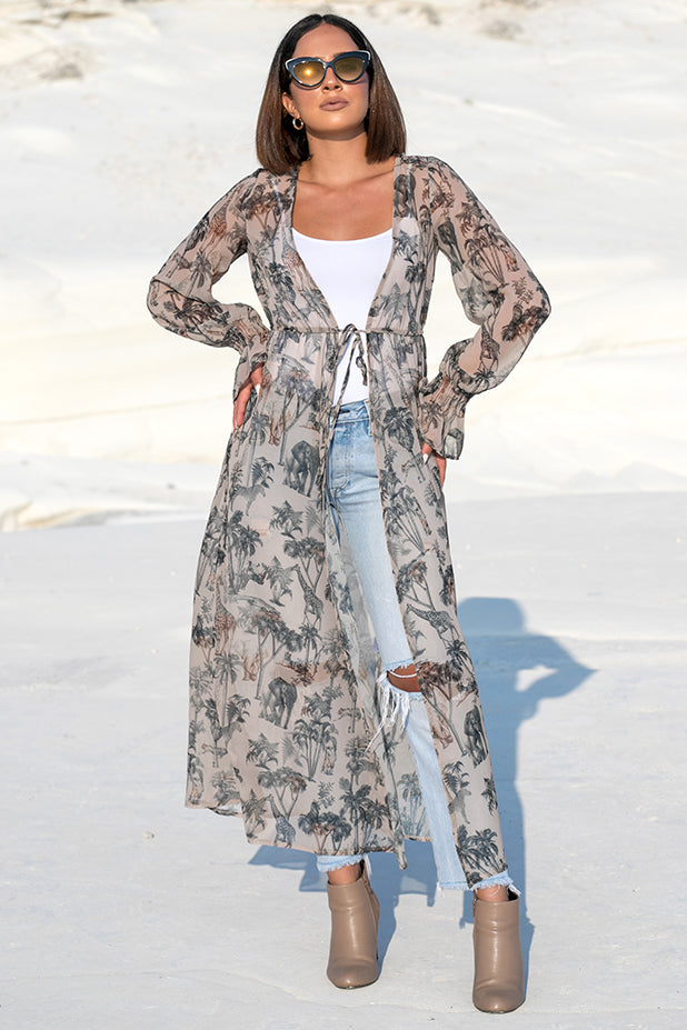 NA-KD – Safari Printed Smocked Sleeve Caftan Beige