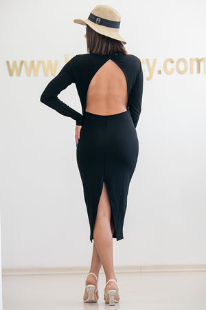 NA-KD - Cut Out Back Long Sleeve Midi Dress Black