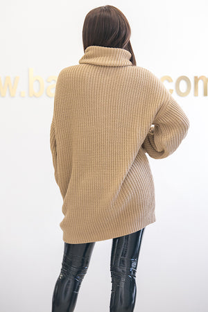 NA-KD - Oversized High Neck Long Knitted Sweater Beige