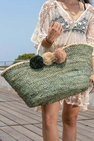 Queencii – Ella Pom Pom Beach Straw Tote Bag Green Multicolor