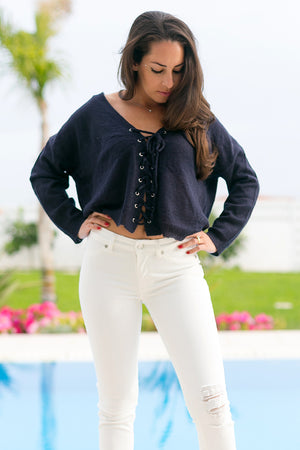 Queencii - Lace UP Cropped Sweater Dark Blue