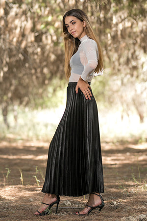 Queencii - Glow Night Metallic Pleated Long Skirt Black