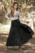 Queencii - Glow Night Metallic Pleated Long Skirt Black