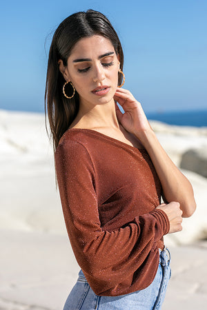 Sun Sea & Roses – Alectrona One Shoulder Balloon Sleeve Top Brown