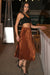 Queencii – Glow Night Metallic Pleated Long Skirt Caramel