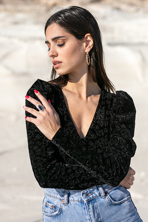 Sun Sea & Roses – Maia Puff Sleeve Velvet Bodysuit Black