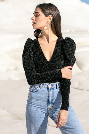 Sun Sea & Roses – Maia Puff Sleeve Velvet Bodysuit Black
